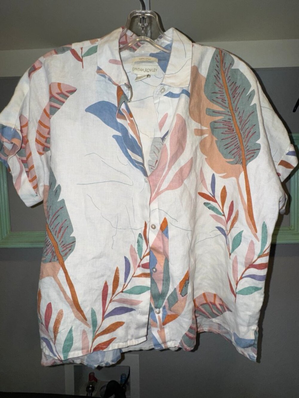 Cynthia Rowley 100% Linen Tropical Leaf Button Down Blouse L